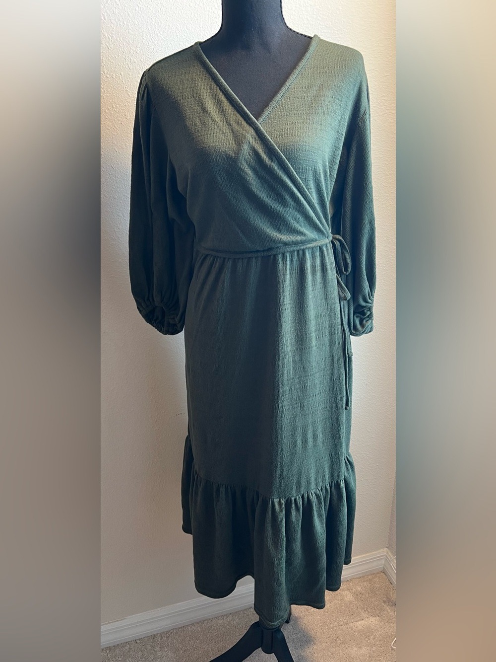 Max Studio M Olive Green Textured Ruffle Hem Wrap Midi Boho Dress